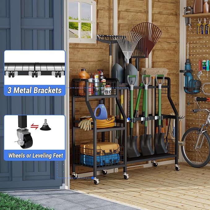 keomaisyto Garden Tool Organizer with 6 Wheels(3 lockable), Heavy Duty Yard Tool organizer with 2 Basket, Large Metal Garage Tool Organization and Storage for Garage/Shed/Yard/Broom Closet/Lawn - Image 2