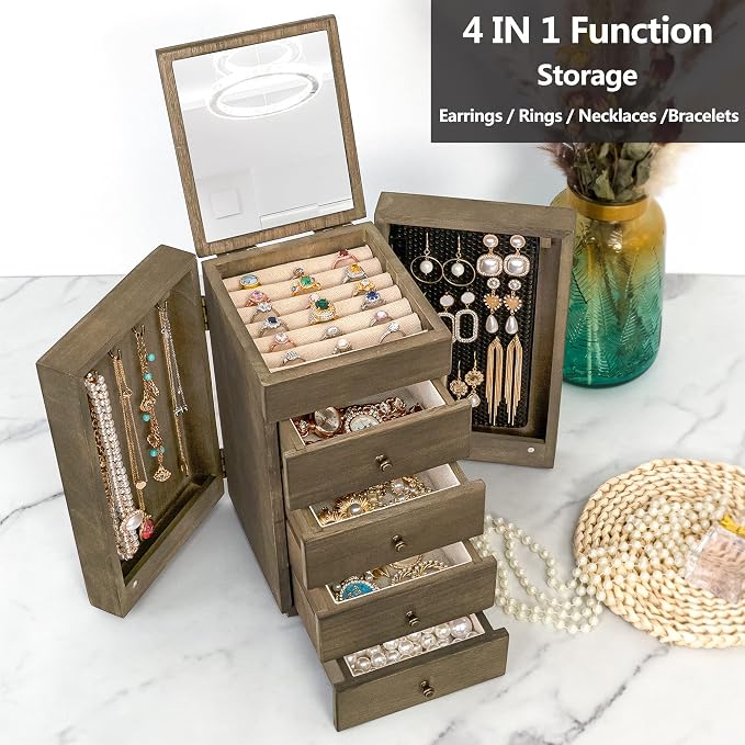 Meangood Jewelry Box Wood for Women, 5-Layer Large Organizer Box with Mirror & 4 Drawers for Rings, Earrings, Necklaces, Vintage Style, Weathered Grey - Image 2