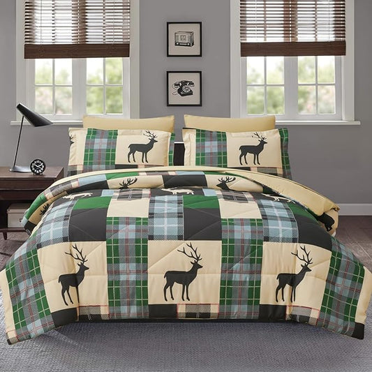 Comforter Set King Size Plaid Patchwork Comforter Bedding-7 Piece Bed in a Bag,Rustic Soft Reversible Microfiber Bedding Set(1 Comforter,1 Flat Sheet,1 Fitted Sheet,2 Pillowcases,2 Pillow Shams)Green