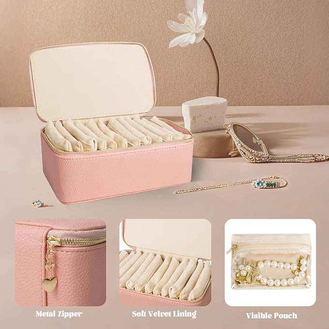 Travel Jewelry Case, Portable Jewelry Box with 6 Jewelry Bags,Travel Gift for Women Teen Girls (Pink 12 Pcs) - Image 3