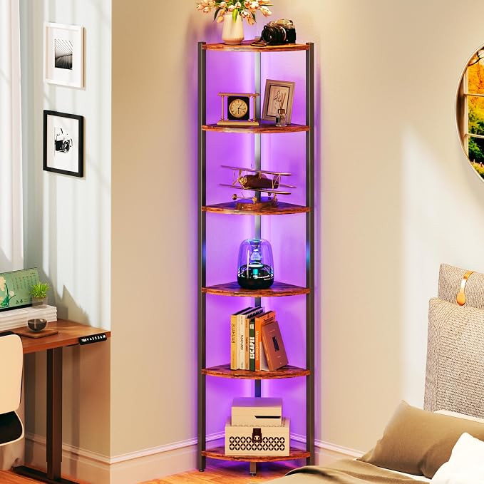 Corner Shelf with LED Lights, 6-Tier Corner Bookshelf, 66'' Organizer Book Shelf Shelves Steel Frame Display Stand with Living Room, Bedroom, Study, Rustic Brown - Image 9