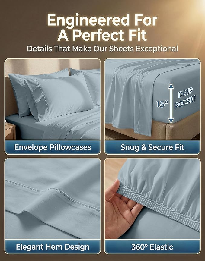 LANE LINEN 100% Cotton Bed Sheets – 600 Thread Count Cooling Sheets Queen, Durable Daily Use Bedding, Value Comfort for Night Rest, Hotel Sateen Finish, Snug Fit 15" Deep Pocket – Blue