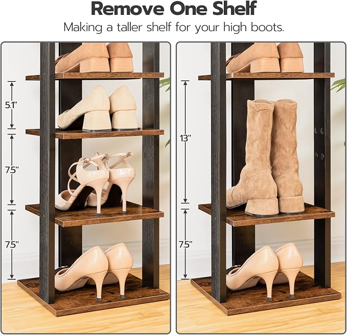 HOOBRO 8 Tiers Vertical Shoe Rack, Wooden Shoe Storage Organizer with Hooks, Narrow Shoe Tower for 8 Pairs, Space Saving, for Entryway, Living Room, Bedroom, Rustic Brown BF07XJ01G1 - Image 3
