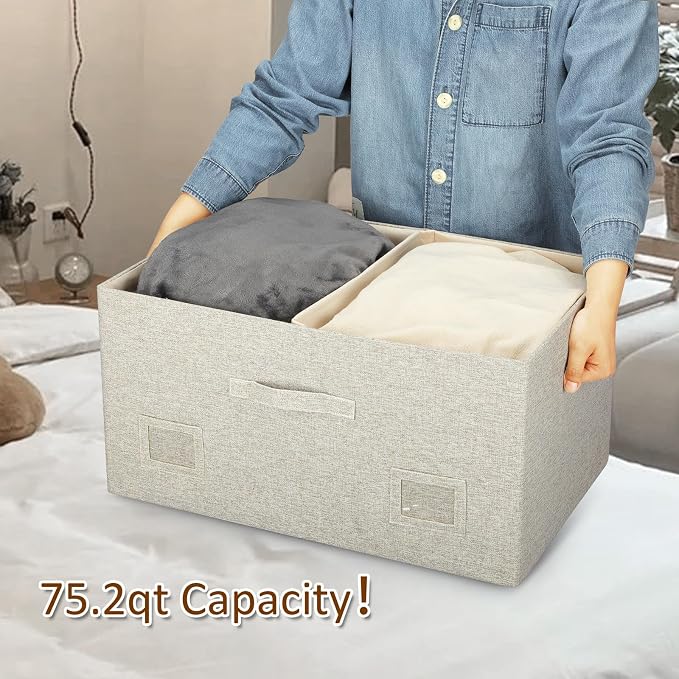 Graciadeco 75 Quart Extra Large Decorative Collapsible Storage Bins with Lids, 1 Pack Beige Stackable Boxes - Image 3