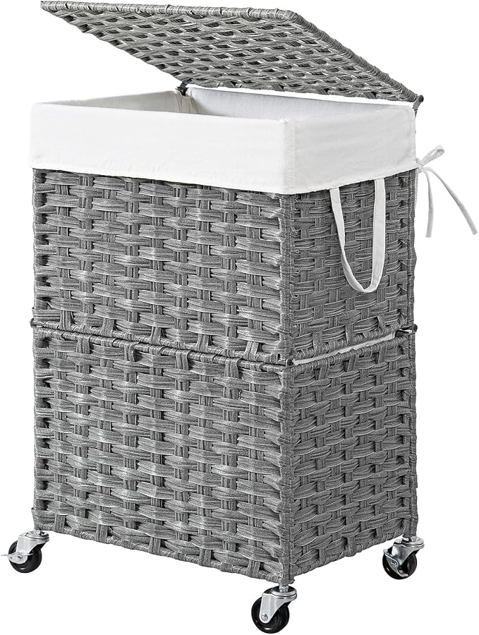 Chrislley 90L Slim Laundry Hamper with Wheels, Rolling Laundry Basket with Lid and Renovable Liner Bag, Handwoven Rattan Organizer for bedroom, bathroom, laundry room (Grey) by Chrislley