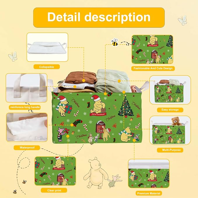 Winnie Theme Christmas Baskets Decor,the Pooh Baby Stuff, Large Square Canvas Baby Laundry Hamper with A Waterproof PE Coating,Foldable Storage Bin for Toys and Clothes - Image 3
