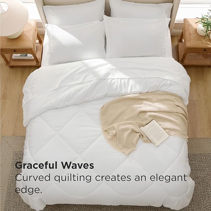 Bedsure 7 Pieces King Comforter Set Premium Series, Hotel Luxury Soft Bed in a Bag, Goose Down Alternative, Safe for Sensitive Skin Bedding Comforter All Season Medium Warmth, White Wavy Quilted