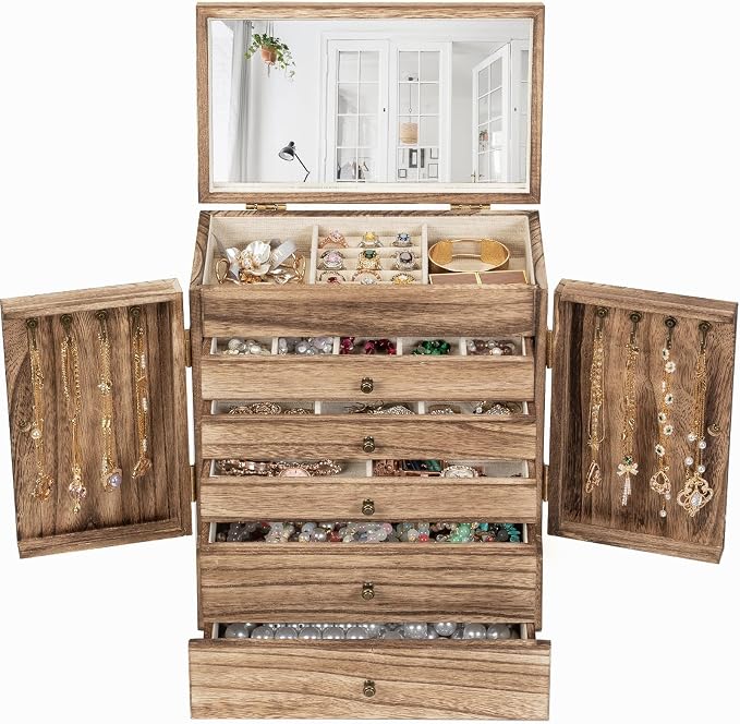 Emfogo Wooden Jewelry Box for Women, 6-Tier Large Jewelry Organizer Boxes with Mirror Rustic Solid Wood jewlery Storage Display for Rings Earrings Necklaces Bracelets watches(Carbonized Black) by Emfogo