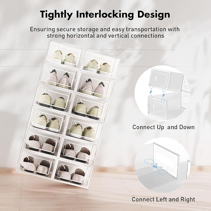 Foluck Shoe Storage Box, 15 Pack Clear Plastic Stackable Shoe Organizer for Closet, Interlocking Design Shoe Container Bins for Sneakers, Foldable Shoe Rack with Lids, White - Image 3