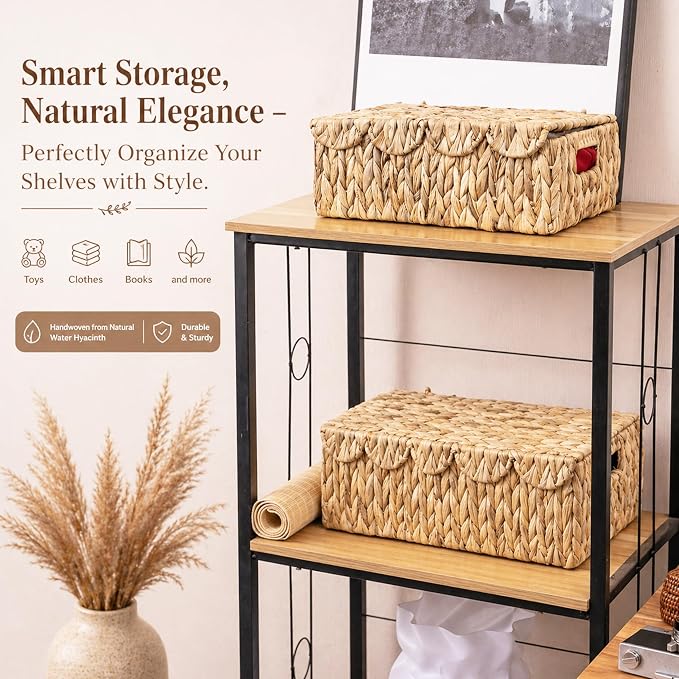 LUSYDECO Set of 2 Scalloped Edge Wicker Basket with Lids, Rectangle Wicker Storage Basket with Built-in Handles, Multipurpose Organizer Rattan Display Boxes for Shelf, Nursery Room - Image 2
