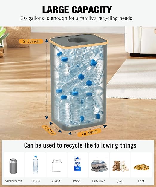 Recycling Bins for Kitchen, 26 Gallon (100L) Recycle Bin with lid, Indoor Oxford Fabric Recycling Trash Can with 2 Pack Removeable and Reusable Inner Bags for Bottle Can Glass Plastic Sticker, Grey - Image 3