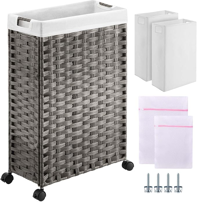 Greenstell Laundry Hamper with Wheels, 11.9 Gallon (45L) Small Clothes Hamper with 2 Removable Liner Bags & 2 Mesh Bags, Slim Rattan Laundry Basket for Bathroom, Bedroom, Grey by Greenstell