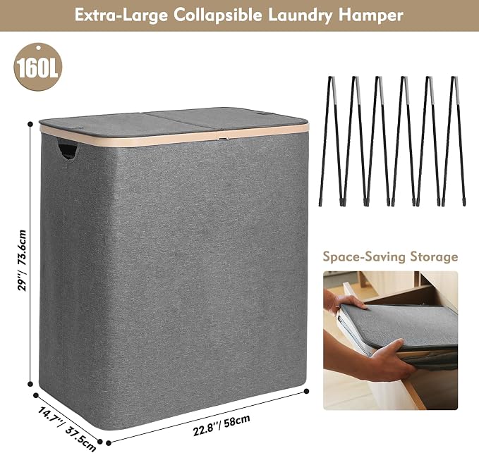 DOKEHOM 160L Double Laundry Basket with Removable Lid and Laundry Bags, Large Collapsible Laundry Hamper with 2 Sections (Dark Grey) - Image 3