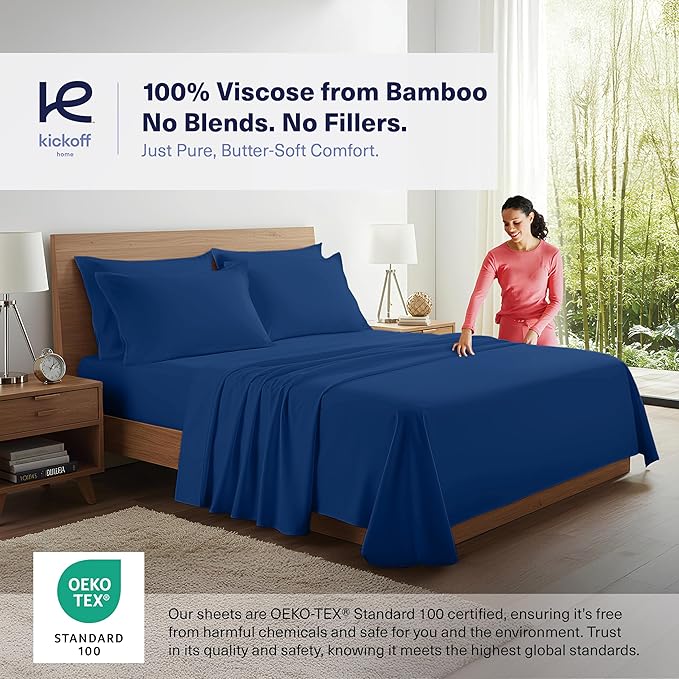 Kickoff Viscose Bamboo Sheets Twin Size 3-pc 100% Organic Bamboo Viscose Bed Cooling Sheets Twin Size Set Cool Bedding for hot Sleepers Sheet, Flat, Fitted, Pillowcase (Dark Blue, T)