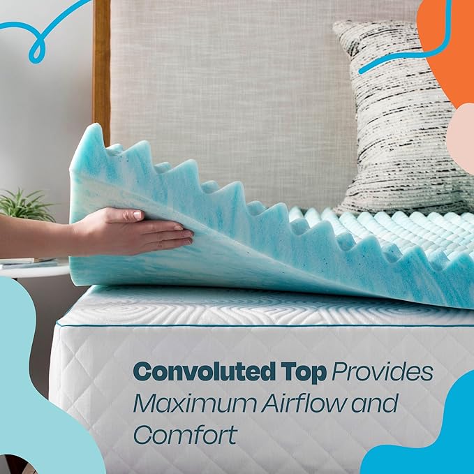 Linenspa 2 Inch Gel Memory Foam Mattress Topper – Egg Crate Style, Reversible for two feels – Promotes Airflow & Relieves Pressure Points – King