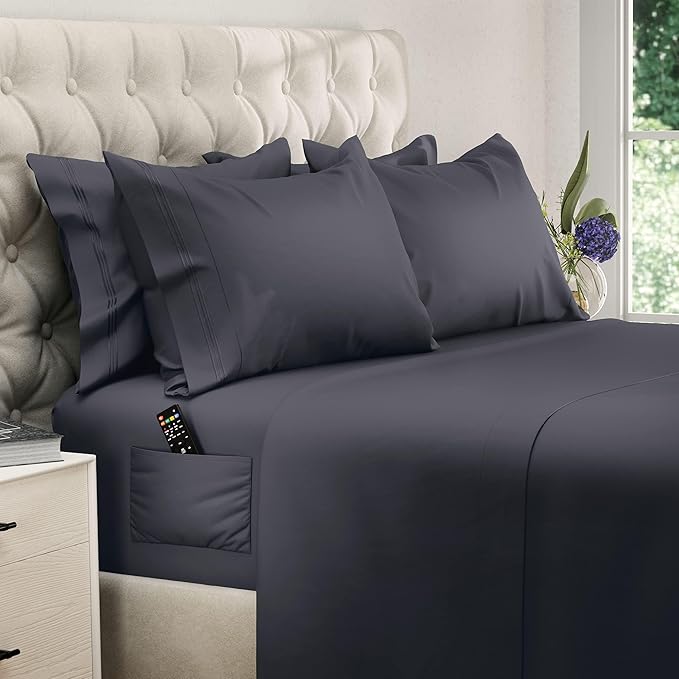 DREAMCARE King Size Sheets Set - 6 pcs Breathable Cooling Bed Sheets - up to 15" Deep Pocket King Sheet Set with Side Pockets - Extra Soft 100% Brushed Hypoallergenic Hotel Luxury Bedding - D Gray