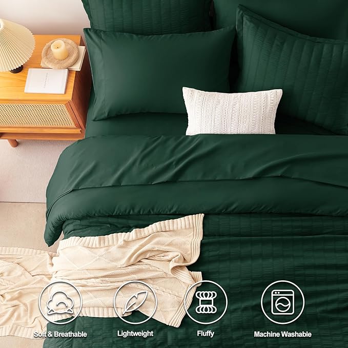 CozyLux King Size Comforter Set Emerald Green Seersucker 7 Pieces Bed in a Bag King Comforter Set with Sheets, Luxury Bedding Sets with Down Alternative Comforter, Sheets, Pillowcases & Shams
