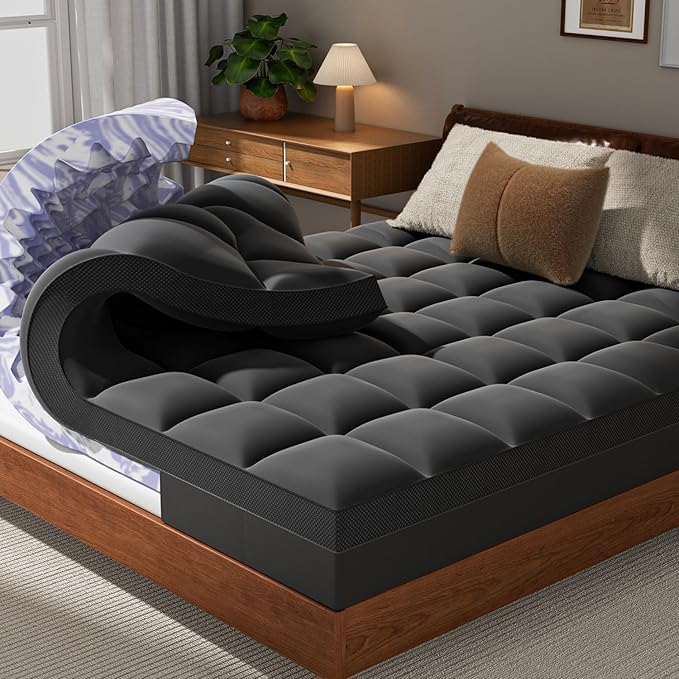 Dual Layer 5 Inch Memory Foam Mattress Topper Queen - 2 Inch Gel Memory Foam and 3 Inch Pillow Top Mattress Pad, 7-Zone Egg Crate Queen Size Mattress Topper (Black)