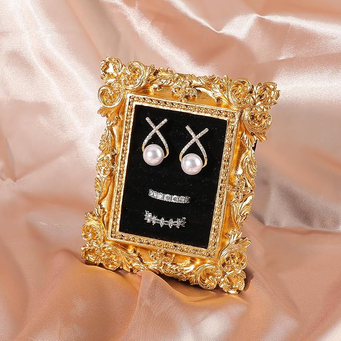 Vintage Ring Holder Rectangle Gold Velvet Display Stand - Baroque Jewelry Organizer Box Tray for Wedding Engagement Anniversary Women Birthday Christmas Gift Photograph Prop (MPF05-Gold Black) by GELVTIC