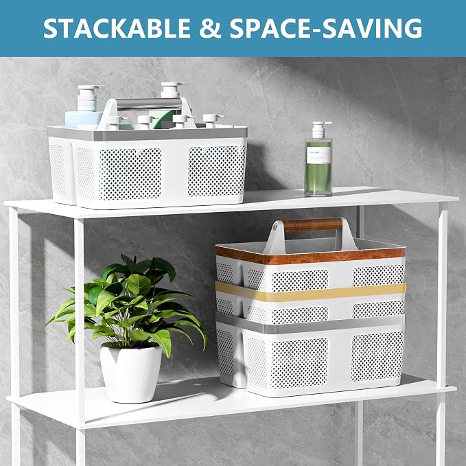 BYUNER 2Pack Shower Caddy Dorm: Portable Bathroom Caddy Organizer with Handle and Holes, Plastic Cleaning Caddy, Hard Shower Basket Storage Tote for Toiletry, College Dorm Room Essentials White/Silver - Image 4