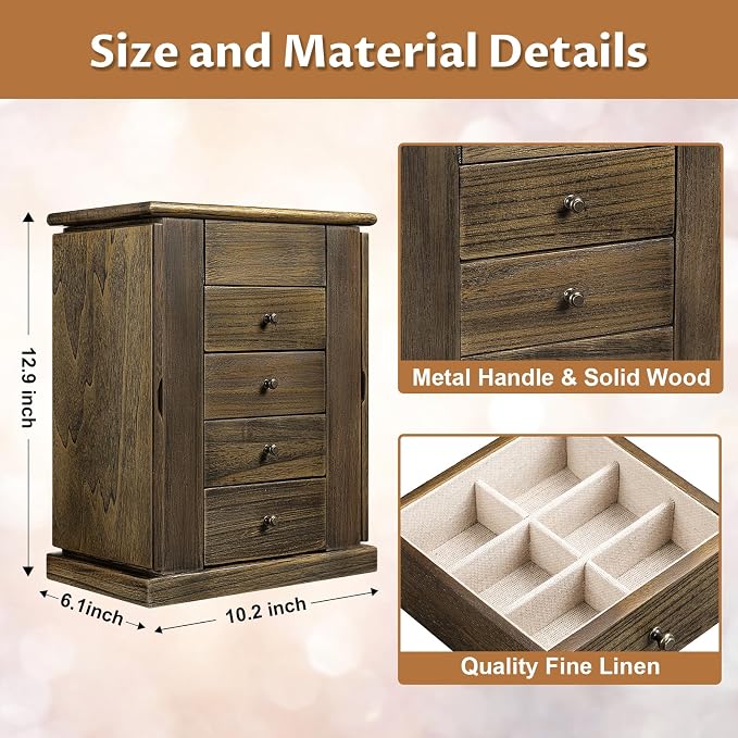 Emfogo Jewelry Box for Women, 5 Layer Large Wood Jewelry Boxes & Organizers for Necklaces Earrings Rings Bracelets, Rustic Jewelry Organizer Box with Rattan, Drawers and Mirror(Vintage) - Image 7