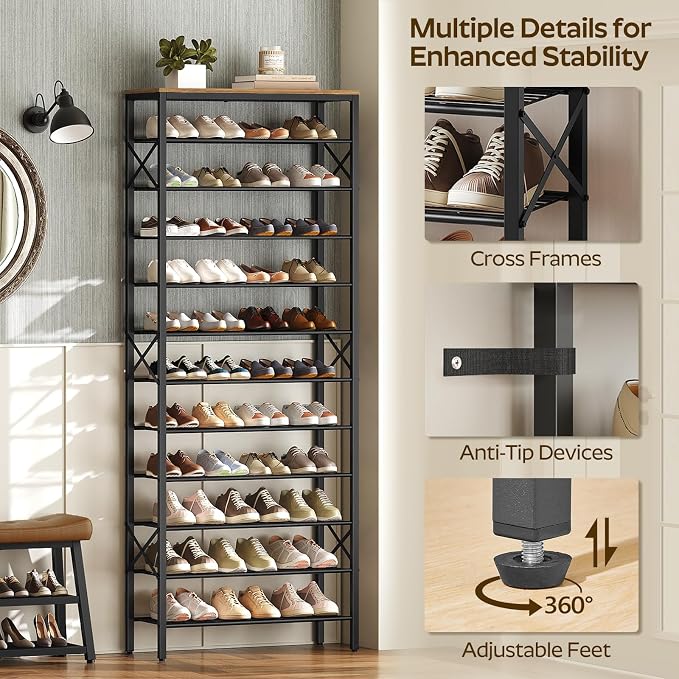 YATINEY 12 Tier Shoe Rack, Large Capacity Shoe Storage Organizer Holds 48 Pairs, Sturdy and Stable, for Entryway, Hallway, Closet, Dorm Room, Rustic Brown SS12BR - Image 7