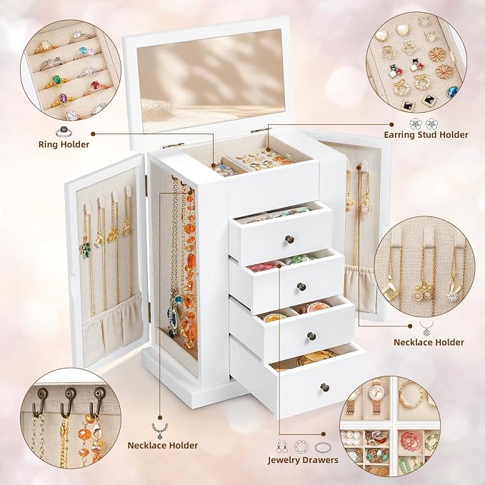 Emfogo Jewelry Box for Women, 5 Layer Large Wood Jewelry Boxes & Organizers for Necklaces Earrings Rings Bracelets, Rustic Jewelry Organizer Box with Rattan, Drawers and Mirror(Vintage White) - Image 3