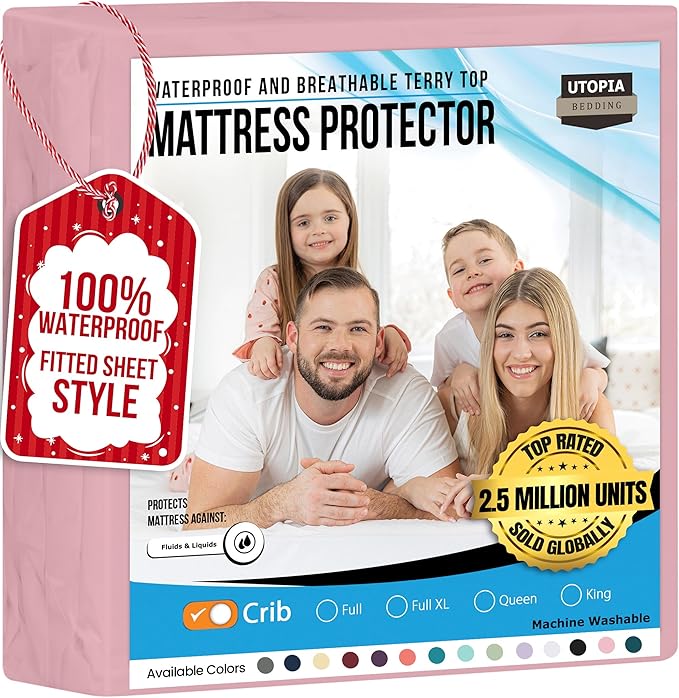 Utopia Bedding Waterproof Mattress Protector, Premium Terry Mattress Cover 200 GSM, Breathable, Fitted Style with Stretchable Pockets (Pink, Crib)