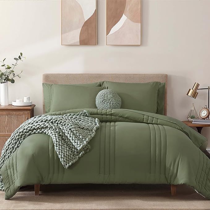 Monbix Queen Comforter Set - 7 Pieces Light Sage Green Bed in a Bag Queen Bedding Sets with Comforters, All Seasons Comforter Bed Set with Sheets, Pillowcases & Shams