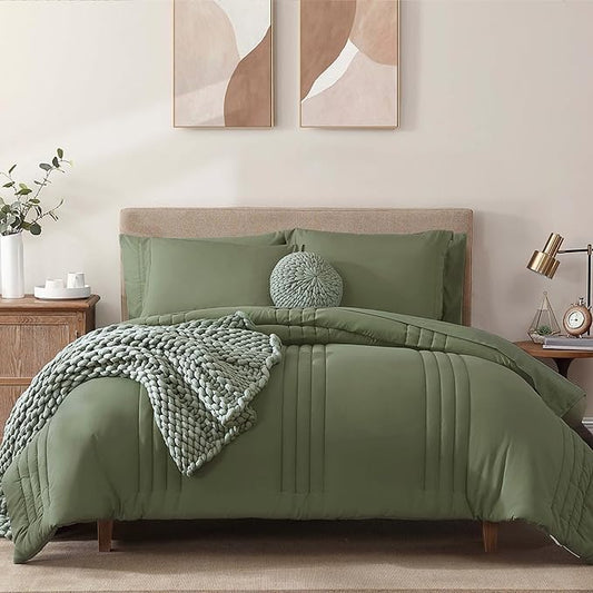 Monbix Queen Comforter Set - 7 Pieces Light Sage Green Bed in a Bag Queen Bedding Sets with Comforters, All Seasons Comforter Bed Set with Sheets, Pillowcases & Shams
