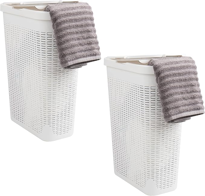 Mind Reader Slim Laundry Hamper with Lid, 40L Clothes Basket, Narrow Tapered Design with Ventilated Cutout Pattern, Plastic, Set of 2, White by MindReader