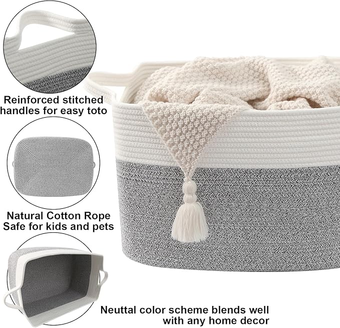 Large Blanket Basket,Woven Rope Basket Storage Bin with Handles,65L Rectangle Laundry Basket for Magazines,Toys,Clothes,Newspaper Shelf Organization,Nursery and Living Room,White&Grey - Image 3