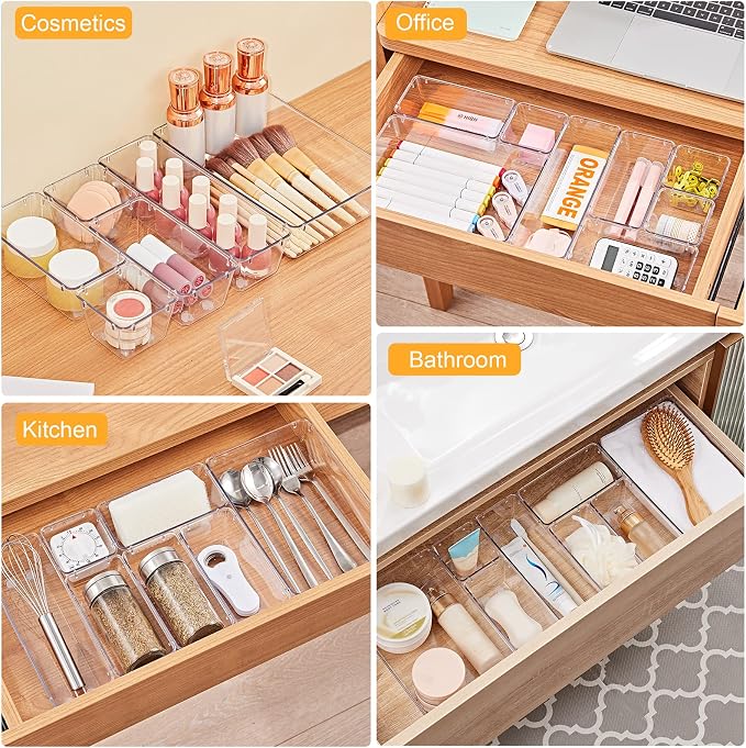 SMARTAKE 28 Piece Drawer Organizers with Non-Slip Silicone Pads, 4-Size Desk Drawer Organizer Trays Storage Tray for Makeup, Jewelries, Utensils in Bedroom Dresser, Office and Kitchen, Clear - Image 6