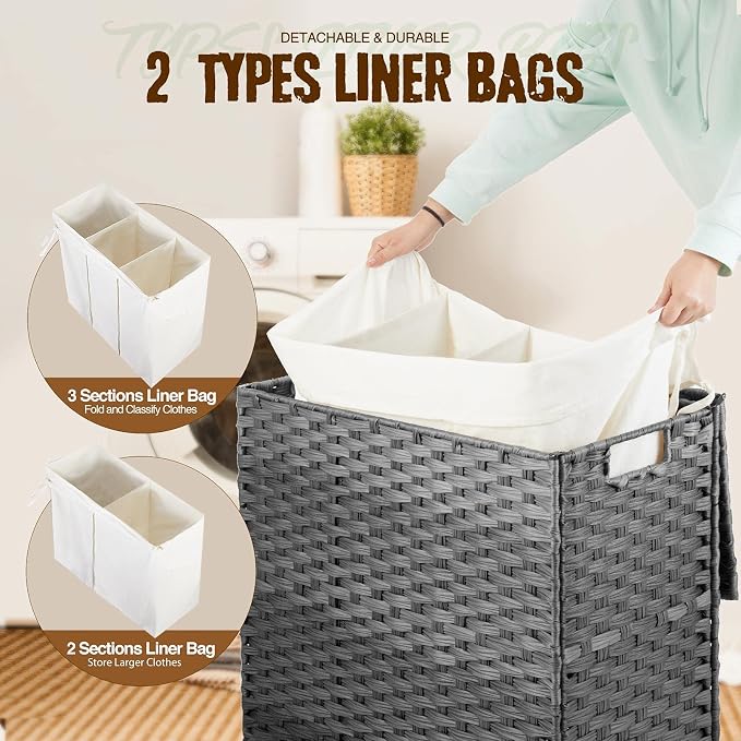 Greenstell Laundry Hamper with Lid, 125L Large Clothes Hamper with 3 Section & 2 Section Removable Liner Bags & 5 Mesh Laundry Bags, Handwoven Synthetic Rattan Divided Laundry Basket, Gray - Image 2
