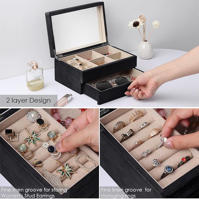 Meangood Jewelry Box Organizer for Women, 2 Layer Large Jewelry Storage Case, Rustic Wooden Jewelry Box with Mirror & Ring Tray for Necklace Earring Bracelets Rings, Vintage Style (Black) - Image 4