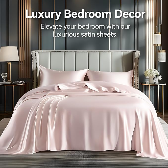 BEDELITE King Size Sheets Set, Luxury Soft Pink Satin Sheets for Hair and Skin, Similar to Silk Bed Sheets Set 4 Pieces with 1 Deep Pocket Fitted Sheet, 1 Flat Sheet, and 2 Pillowcases