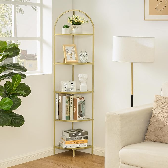 Homhedy 5-Tier Corner Shelf Stand, Metal Corner Bookshelf, Tempered Glass Shelves, Bathroom Storage Rack Shelf, Plant Stand, Modern Style, Golden by Homhedy