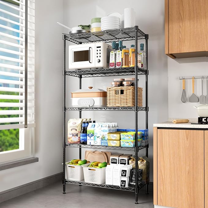 72" H Storage Shelves 5 Tier Wire Shelving with Shelf Liners, Adjustable Metal Garage Shelving, 1325LBS Heavy Duty Commercial Storage Rack for Pantry Kitchen, 35" W x 16" D x 72" H, Black - Image 2