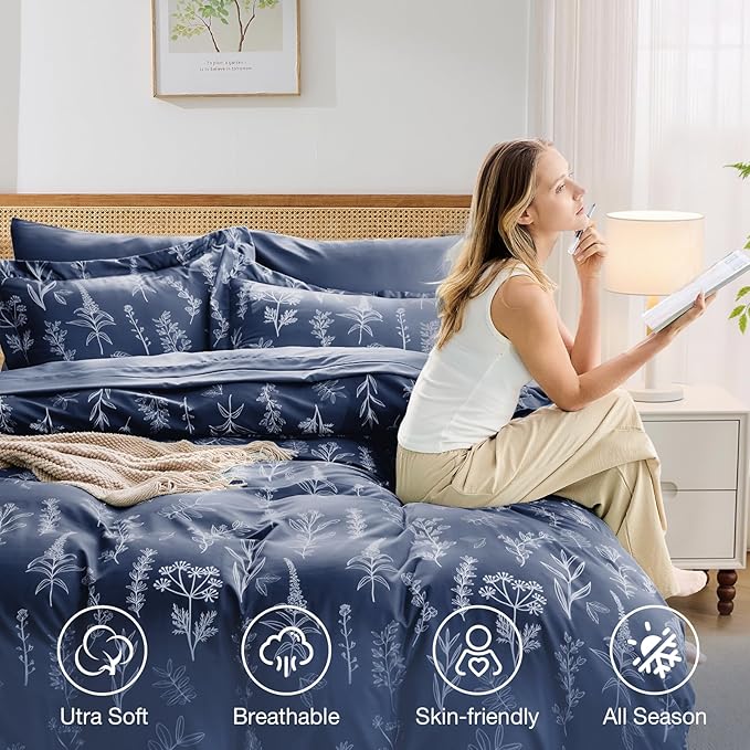 MUXHOMO Navy Blue Cal King Comforter Set, Elegant Floral Print Bed in a Bag 7 Pieces, Ultra Soft & Breathable Reversible Botanical Pattern Bedding Set with Comforter, Sheets, Pillowcases, and Shams