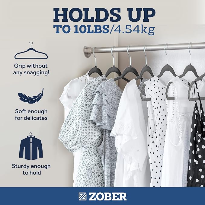 Zober Velvet Hangers 50 Pack - Heavy Duty Gray Hangers for Coats, Pants & Dress Clothes - Non Slip Clothes Hanger Set - Space Saving Felt Hangers for Clothing - Image 4