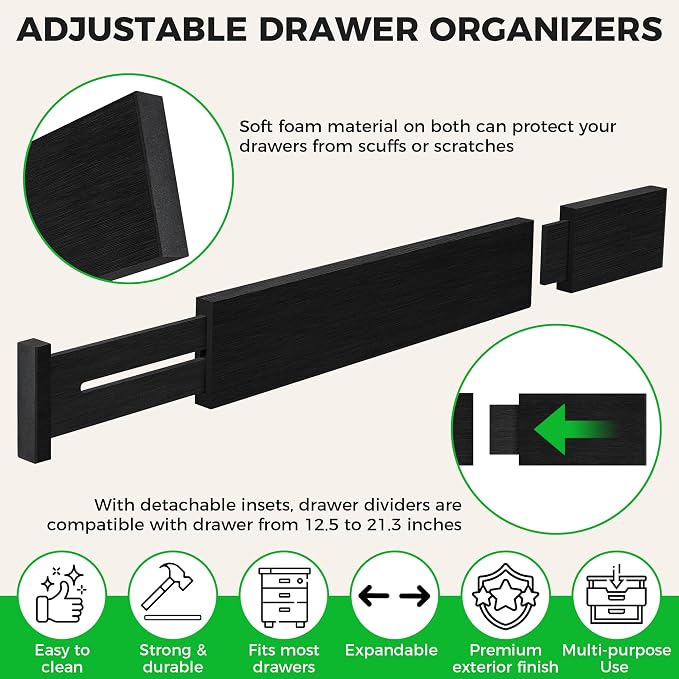 4 Pack Bamboo Drawer Dividers Organizer with Inserts 2.6'' High, Expandable from 12.5-21.7", Adjustable Drawer Organizer Separators for Utensils, Clothing, Office, Dresser, Bedroom, (Black) - Image 4
