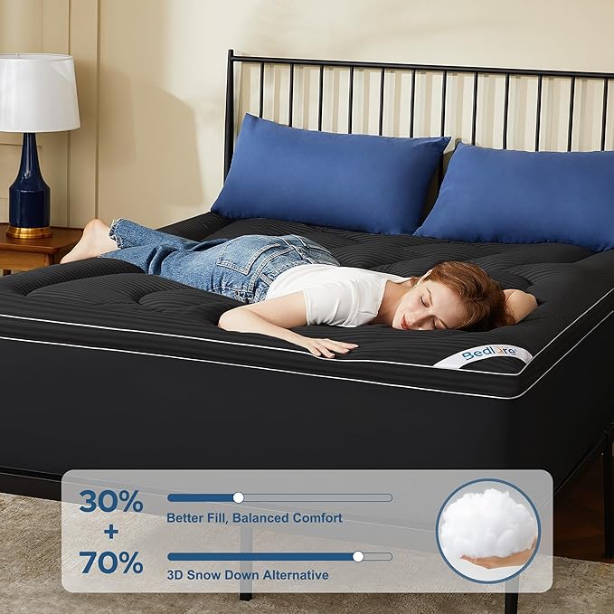 BEDLORE Twin Mattress Topper, Thick Pillow Top Pad for Back Pain Relief, Soft Mattress Cover with Deep Pockets 6-15 inch(Black)