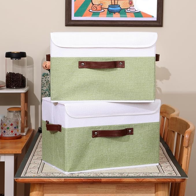 ANMINY 2PCS Storage Boxes with Lid Washable Decorative Storage Bins Basket with PU Leather Handle Foldable Linen Fabric Storage Cubes Containers for Home Closet Organizer - Green White, Large Size - Image 6