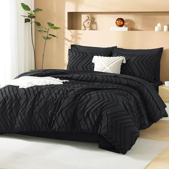 Litanika California King Comforter Set with Sheets Black - 7 Pieces Bed in a Bag Cal King Boho Tufted Complete Bedding Sets with Comforter, Sheets, Pillowcases & Shams
