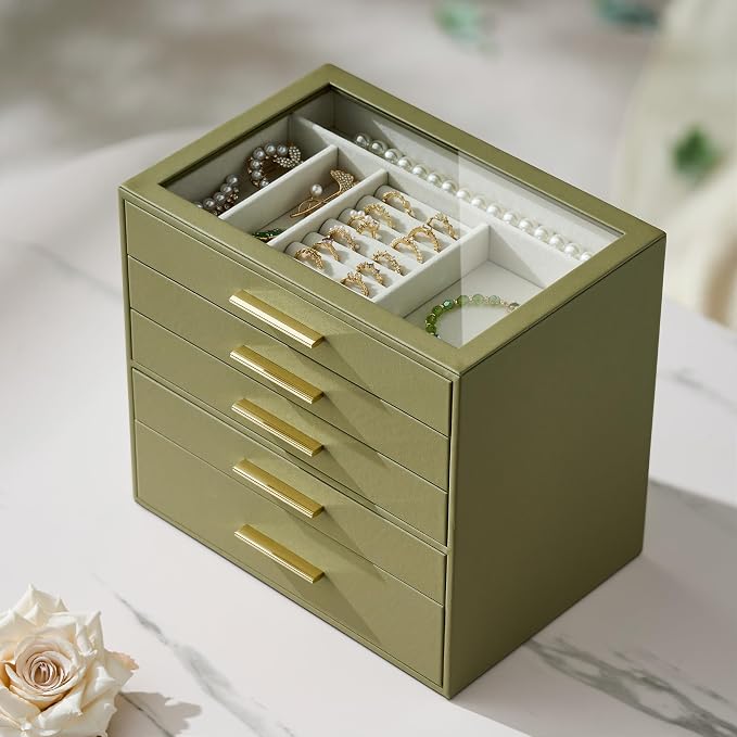 Jewelry Box Organizer Case for Women: 5-Layer Jewelry Storage Case with Glass Window, Olive Green Leather with Cream Velvet, Holder for Ring Necklace Bracelet Brooch Watch, Great Gift for Her - Image 8