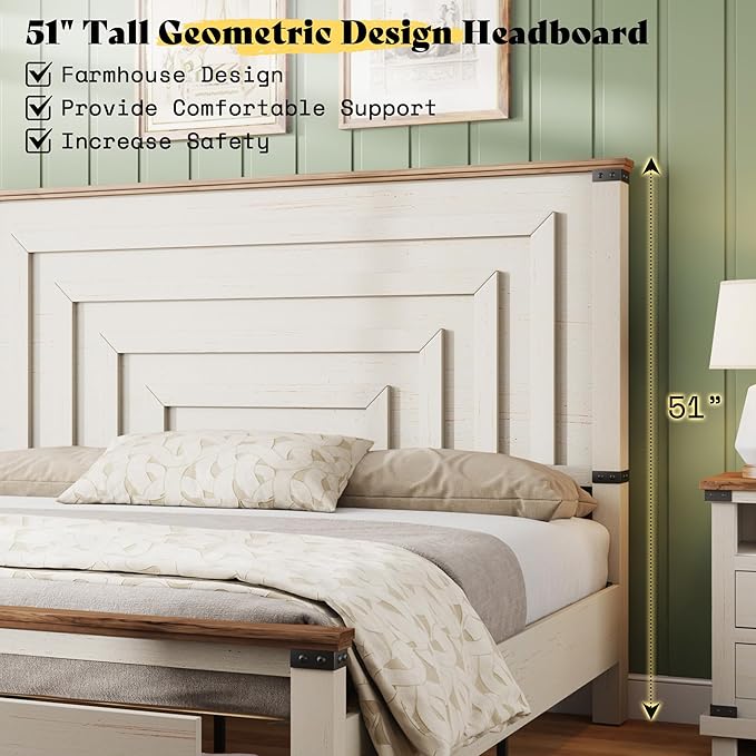 AMERLIFE 2 Pieces Farmhouse Bedroom Set, Includes Wood Rustic King Size Bed Frame with 51" Tall Headboard, 48" Tall 5 Drawers Dresser Chest, Heavy Duty Thick Plank Styling, Antique White