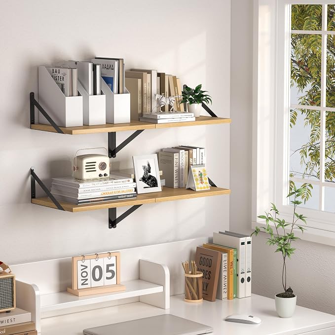 Heimlove 12 Inch Deep Floating Shelves for Wall, 16W x 12D Wood Wall Shelves Set of 2, Rustic Oak Wide Floating Bookshelf for Living Room, Kitchen, Office, Bedroom, with Black Metal Bracke - Oak - Image 5