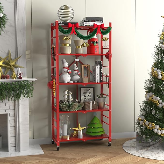 Himix Storage Shelves with 20 Hooks, 5-Tier Foldable Shelves for Storage, Folding Utility Shelf Unit Pantry Shelf with Wheels, Metal Shelving Unit Rack for Garage Christmas Room, Red - No Assembly - Image 2