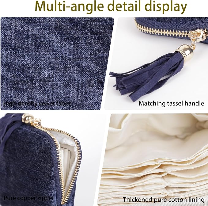 ASINGYER Travel Jewelry Storage Bag for Women, Velvet Portable Jewelry Organizer with Tassel Zipper, Small Pouches for Bracelets Necklaces Rings Earrings, Wedding Gift for Women (dark blue) - Image 5