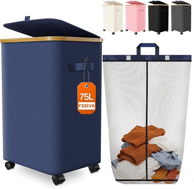 Laundry Hamper with Wheels, 75L Large Clothes Hamper with Removable Inner Bag, Collapsible Dirty Clothes Basket for Dorm, Rolling Dirty Clothes Basket for, Bedroom, Bathroom, Laundry Room by Fzzcvo